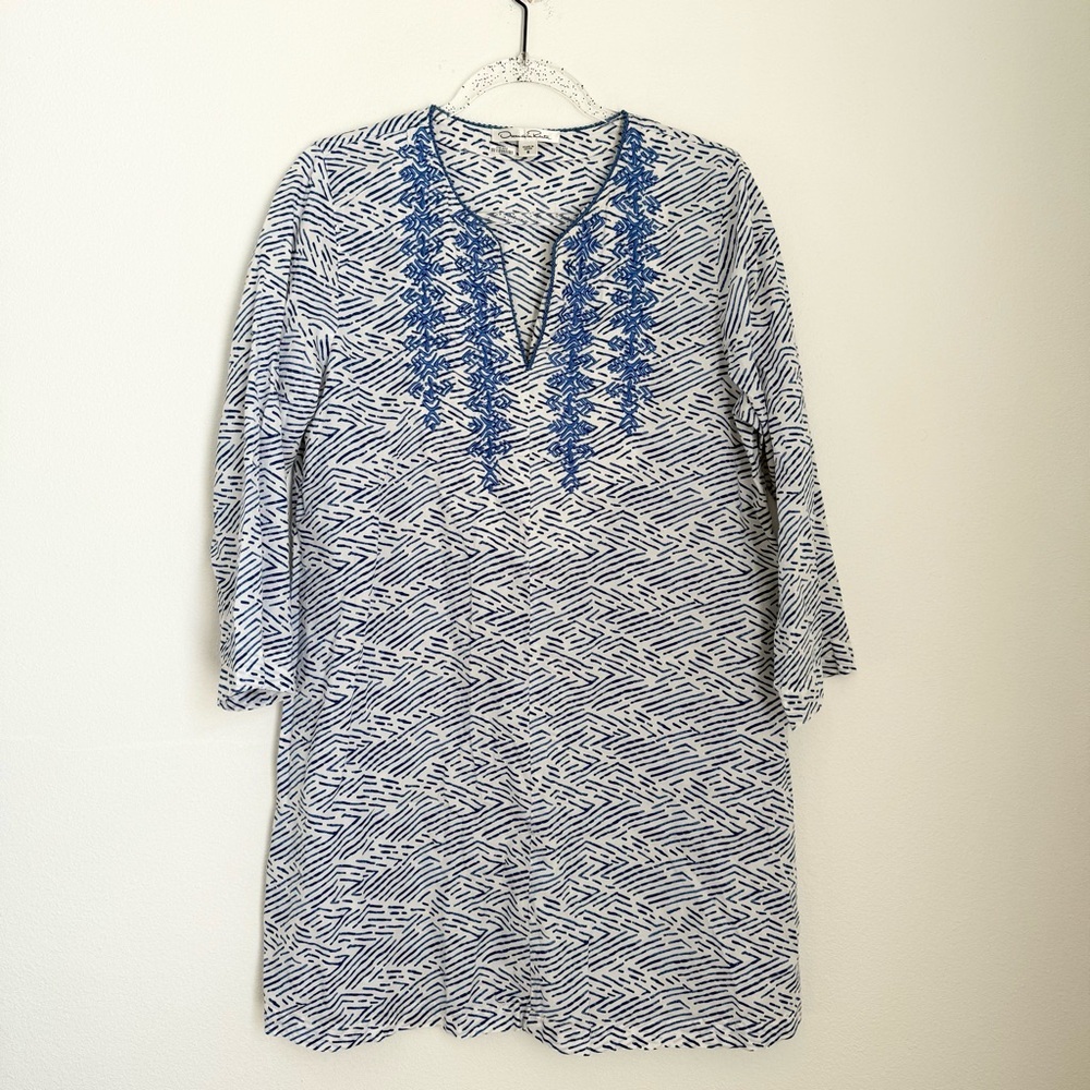 Oscar de la Renta Embroidered Cotton Tunic Dress White & Blue Size S